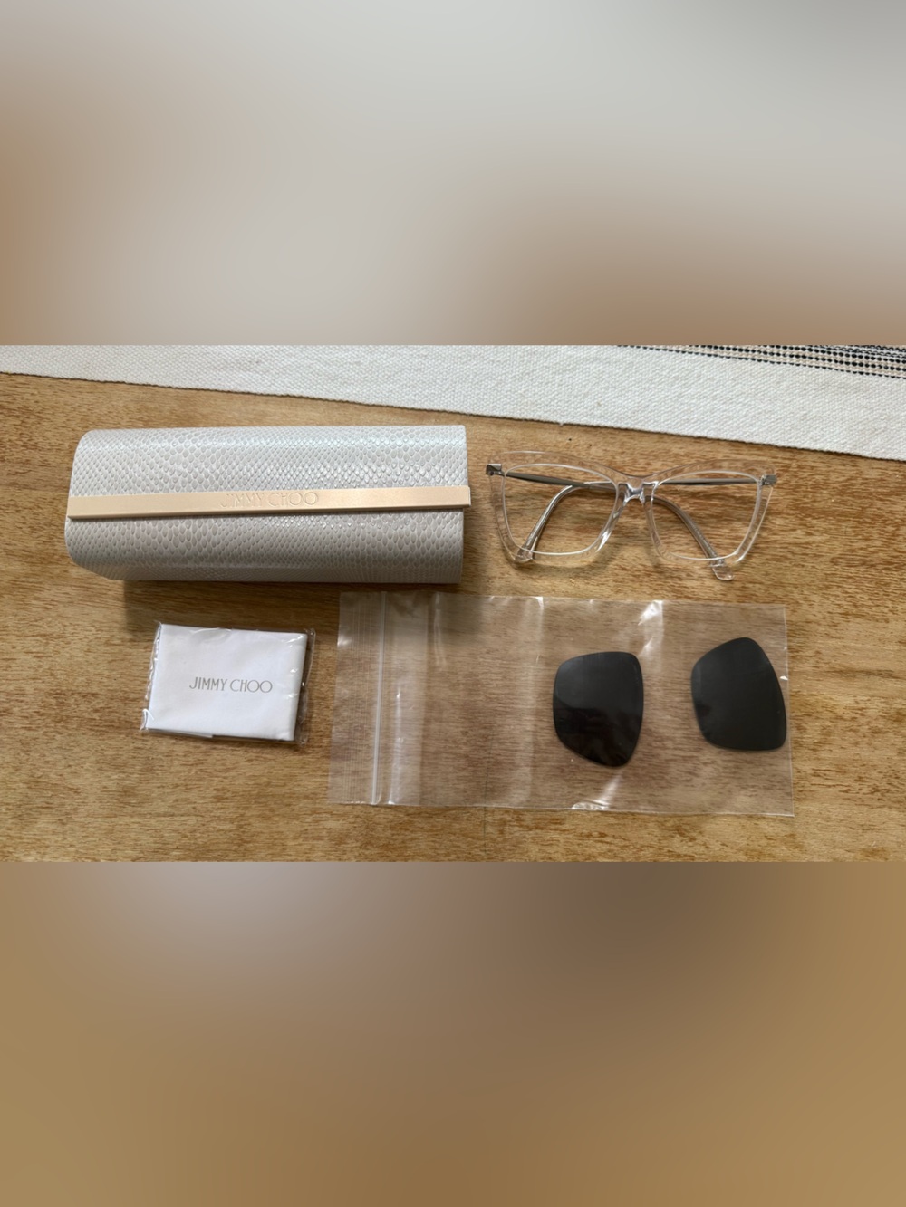 Jimmy Choo Clear Frame Sunglasses with Beige Textured Case